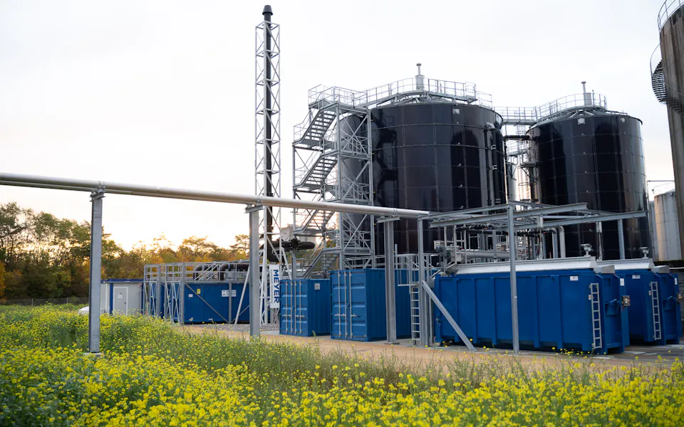 Außenansicht DSM Industrial facility with several large black tanks and blue containers, surrounded by flowering yellow plants, under a cloudy sky, in connection with MBBR water treatment technology.