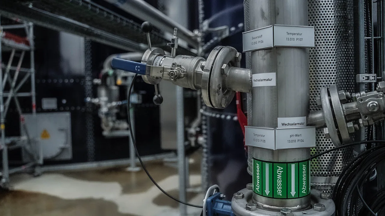 DSM Referenz 3 Industrielle Rohrleitung mit mehreren Ventilen und Schildern, auf denen Informationen wie "Standard", "Rücklauf im Filter" und "Abwasser" in einer technologischen Umgebung aufgedruckt sind.