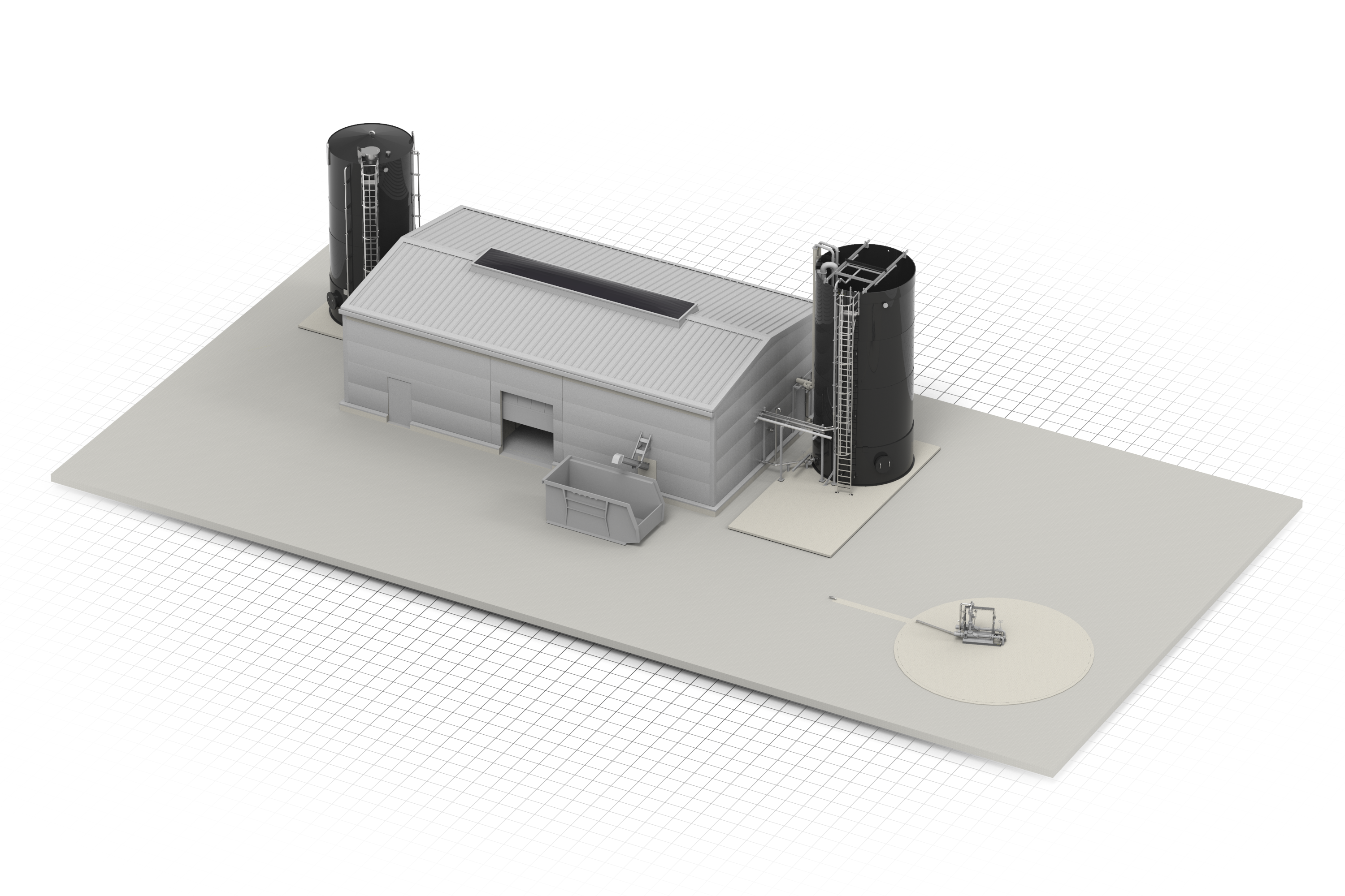 Ein modernes, graues Gebäude mit einem rechteckigen Grundriss wird von zwei hohen, schwarzen MBBR-Anlagen flankiert, alles auf einer rechteckigen Plattform platziert.