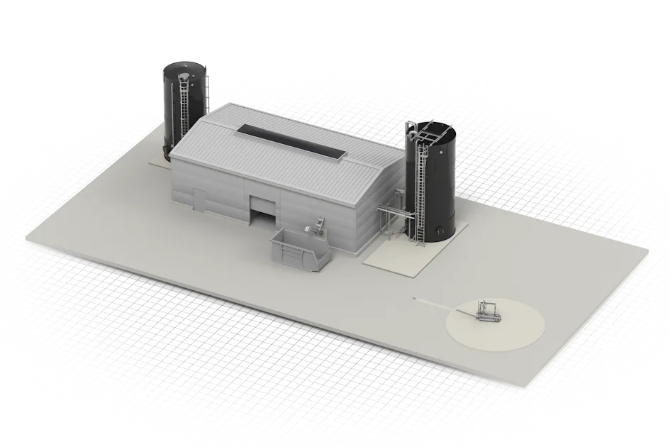 Case Study Cosmetics Manufacturers Ein modernes, graues Gebäude mit einem rechteckigen Grundriss wird von zwei hohen, schwarzen MBBR-Anlagen flankiert, alles auf einer rechteckigen Plattform platziert.