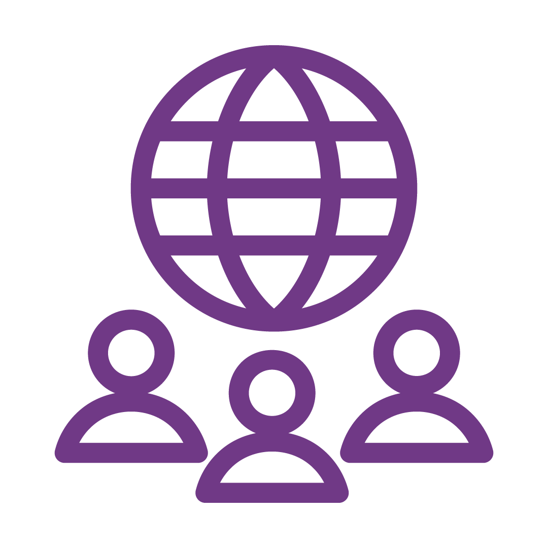 icon showing 3 persons and a globe purple lines on white background