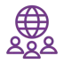 Global team icon icon showing 3 persons and a globe purple lines on white background