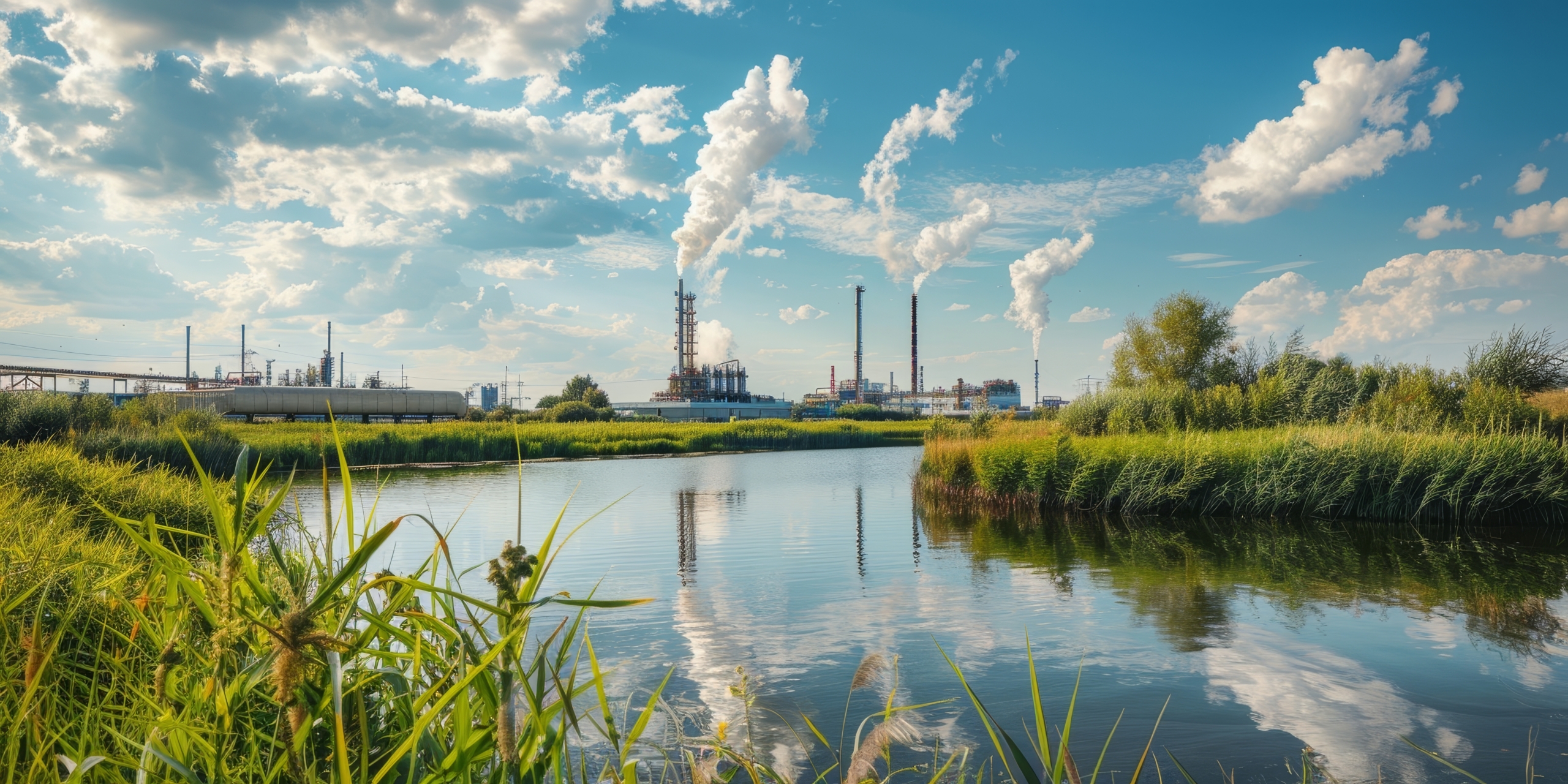 An industrial landscape with several chimneys emitting smoke into the partly cloudy sky, while a tranquil river reflects the surroundings and blue sky, framed by green vegetation.