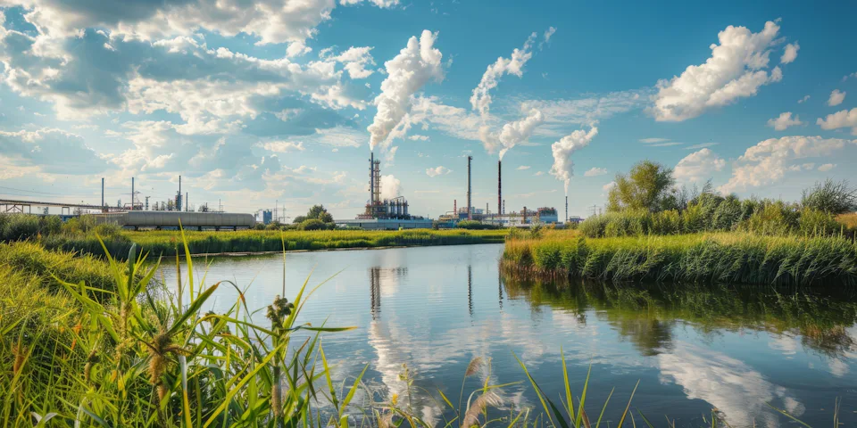 An industrial landscape with several chimneys emitting smoke into the partly cloudy sky, while a tranquil river reflects the surroundings and blue sky, framed by green vegetation.