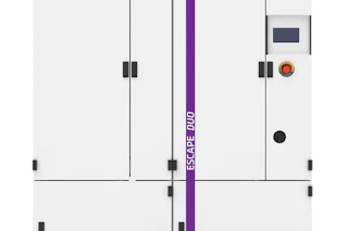 ESCAPE DUO The image shows a modern, industrial-grade machine with a sleek white exterior featuring a vertical purple stripe and a control panel with buttons and digital display, designed for efficient industrial processing.