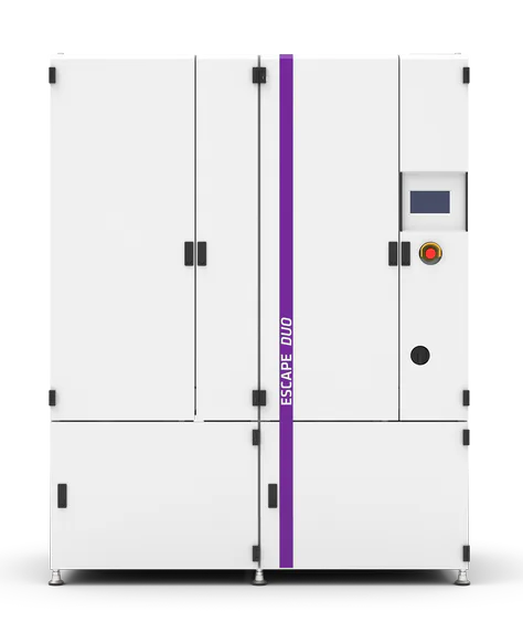 ESCAPE DUO The image shows a modern, industrial-grade machine with a sleek white exterior featuring a vertical purple stripe and a control panel with buttons and digital display, designed for efficient industrial processing.
