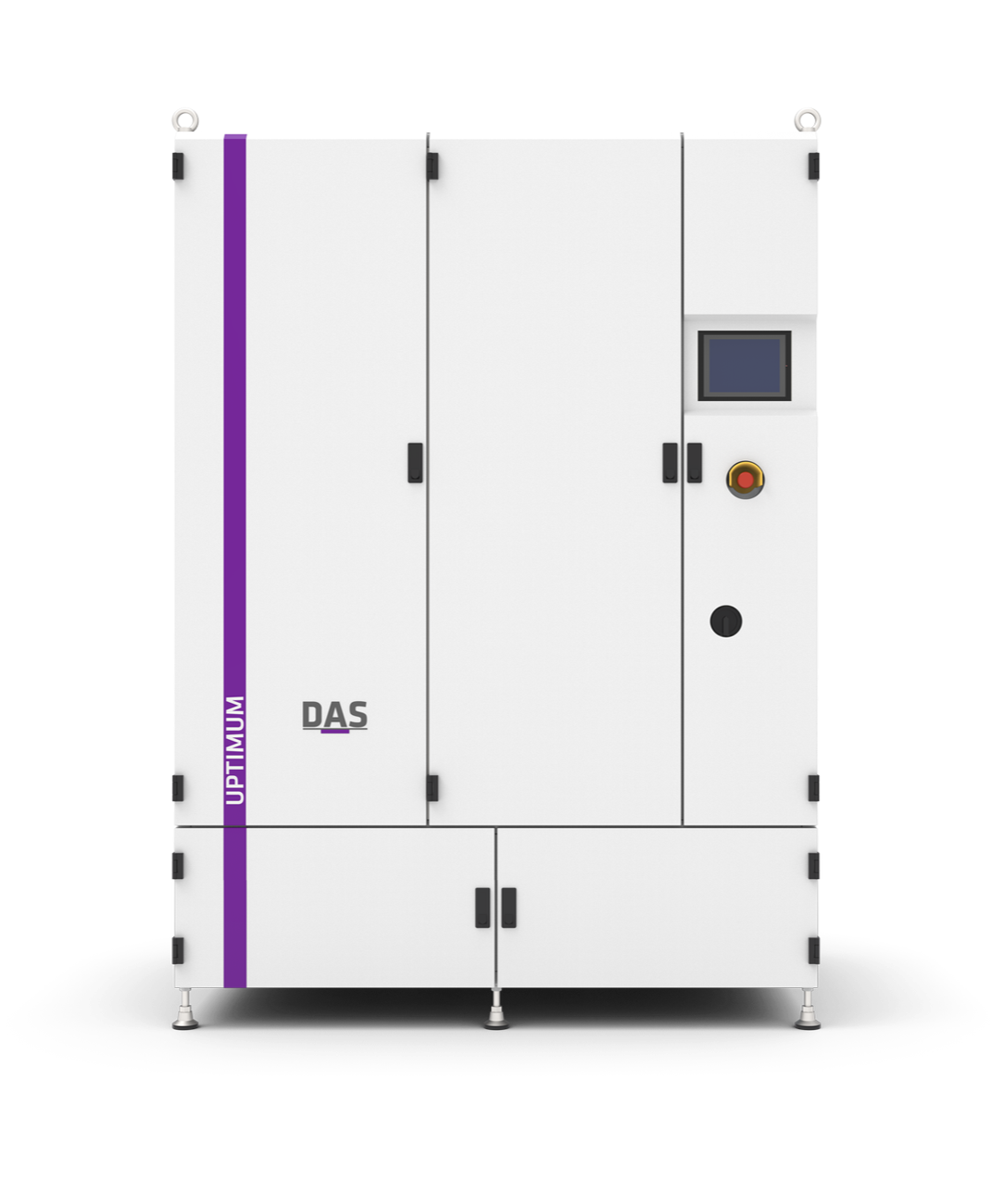 An industrial machine with the words ‘UPTIMUM’ and ‘DAS’ on the front can be seen, equipped with a digital display and a red emergency stop button.