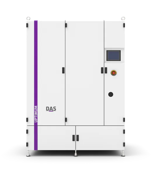 UPTIMUM System An industrial machine with the words ‘UPTIMUM’ and ‘DAS’ on the front can be seen, equipped with a digital display and a red emergency stop button.