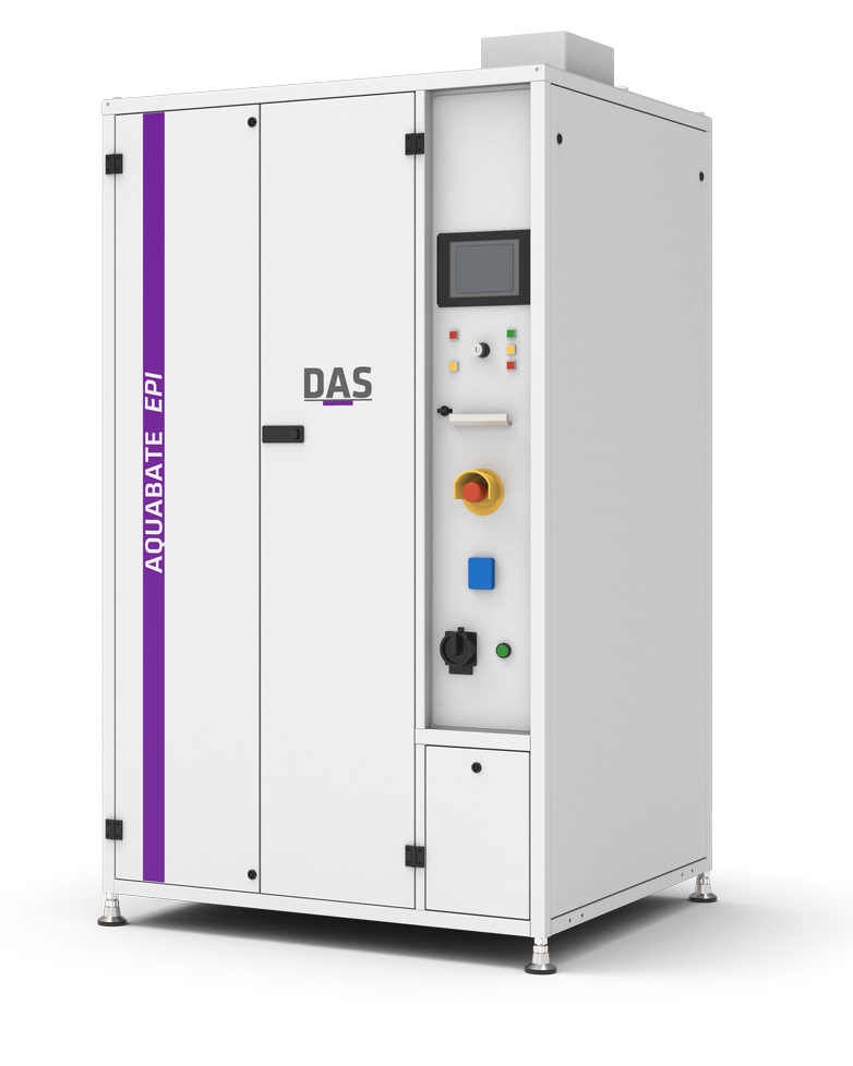 Depiction of a large, white industrial unit with a purple label bearing the inscription ‘AQUABATE EPI’ and the name of the unit manufacturer, DAS, with a digital display and several controls on the front.