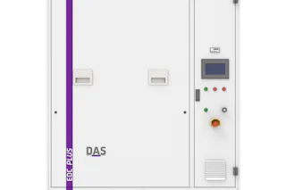 EDC PLUS A large, white technical unit with the inscription ‘EDC PLUS’, a vertical purple stripe on the front and the DAS company logo, equipped with a digital control display, various coloured control buttons on the right and a signal light on the roof.