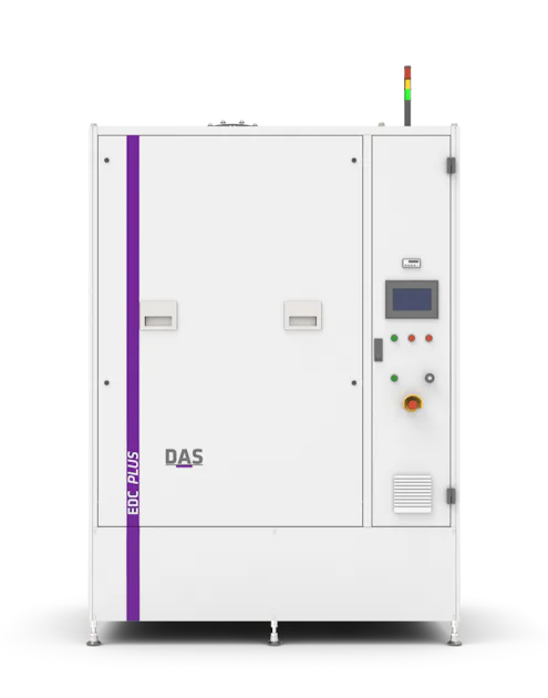 EDC PLUS A large, white technical unit with the inscription ‘EDC PLUS’, a vertical purple stripe on the front and the DAS company logo, equipped with a digital control display, various coloured control buttons on the right and a signal light on the roof.