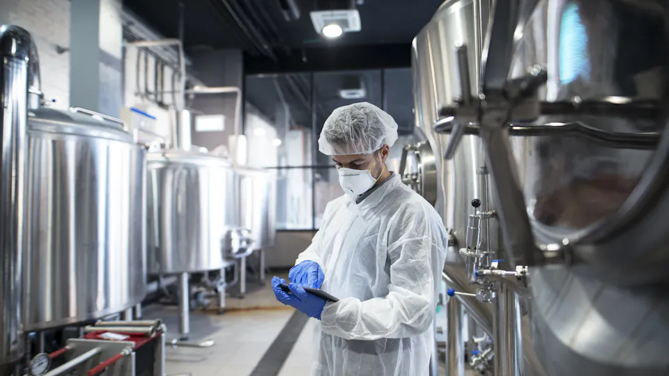 Dairy Industry A worker in a white protective suit and mask inspects equipment in a modern brewery with large stainless steel fermentation tanks, highlighting brewery operations and safety standards.