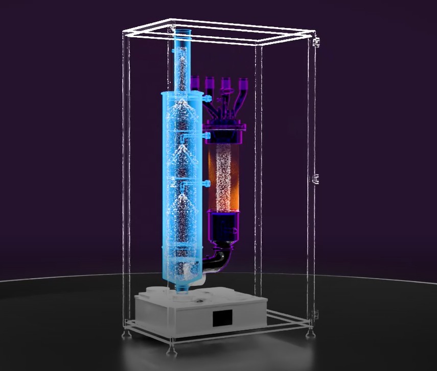 An innovative medical reactor in a transparent casing displays a bright blue and purple liquid circuit against a dark purple background.