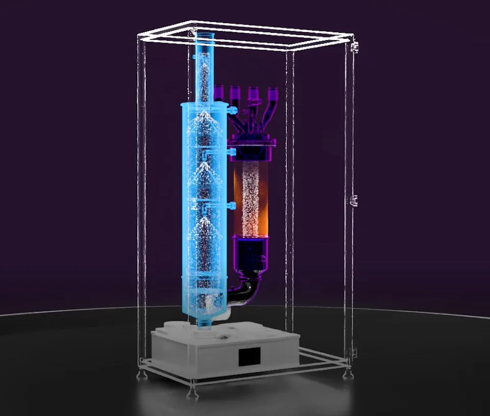An innovative medical reactor in a transparent casing displays a bright blue and purple liquid circuit against a dark purple background.