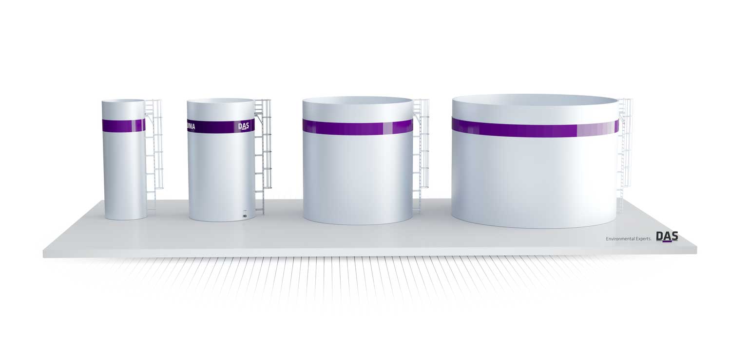 Four white bioreactors in various standard sizes with purple stripes are lined up on a platform, shown as part of the DAS product for biological wastewater treatment. The “DAS” logo is also visible on each reactor.