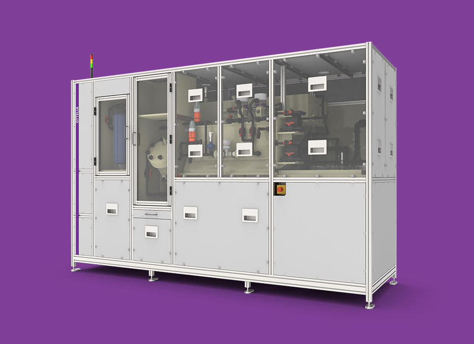 A large, rectangular industrial machine for point-of-use wastewater treatment for the semiconductor industry stands in front of a purple background, with several transparent panels providing a glimpse of the complex technology inside.