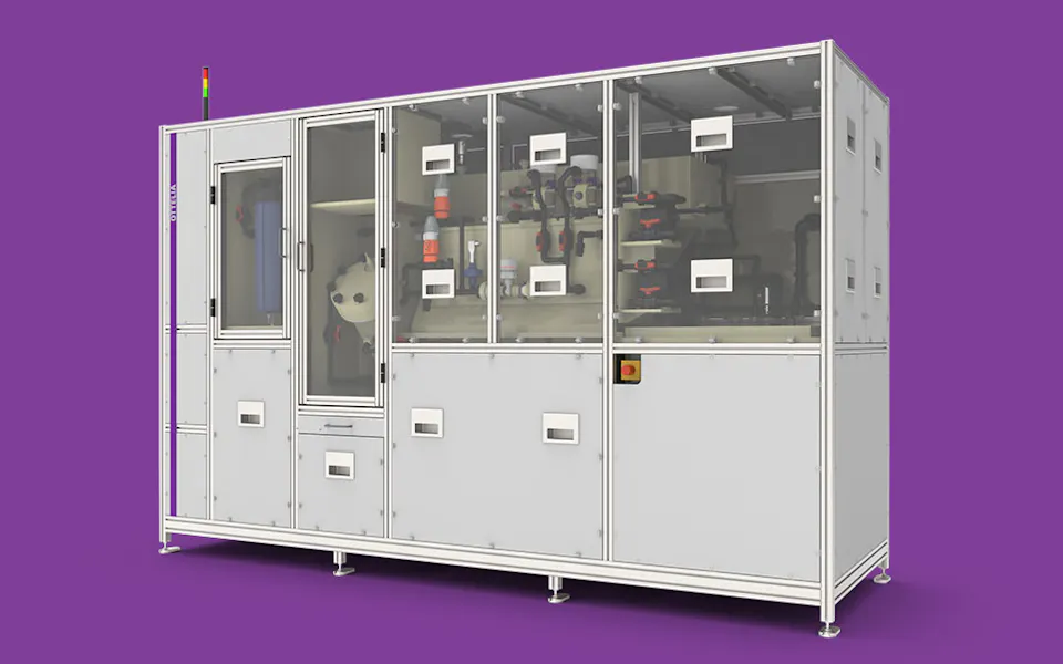 OTTELIA with purple background Eine große, rechteckige industrielle Maschine zur Point-of-Use Abwasserbehandlung für die Halbleiterindustrie steht vor einem lila Hintergrund, mit mehreren durchsichtigen Paneelen, die Einblick in die komplexe Technik im Inneren gewähren.