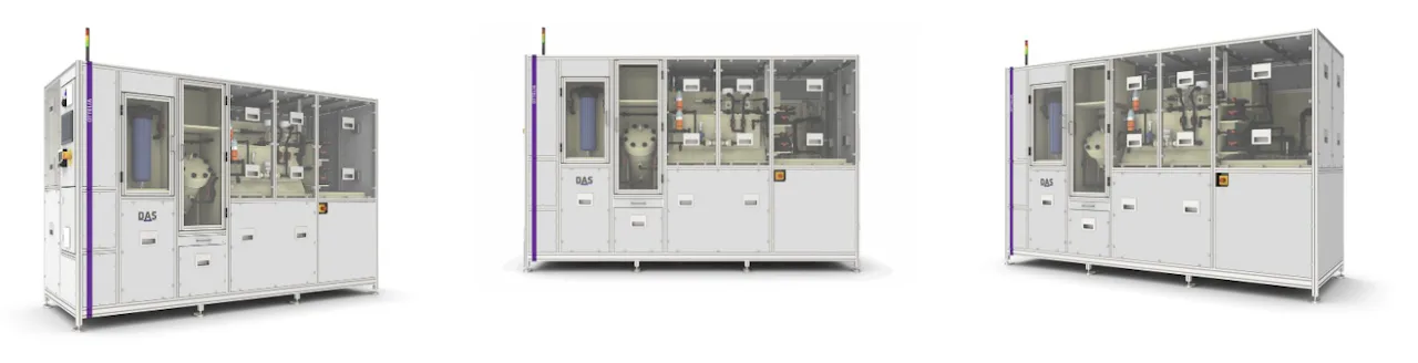 OTTELIA Produktüberblick Das Bild zeigt eine moderne, freistehende Point-of-Use Abwasserbehandlungsanlage von OTTELIA, die in der Halbleiterindustrie verwendet wird, mit einem transparenten Gehäuse, das Einblick in die komplexen mechanischen und elektronischen Komponenten bietet.