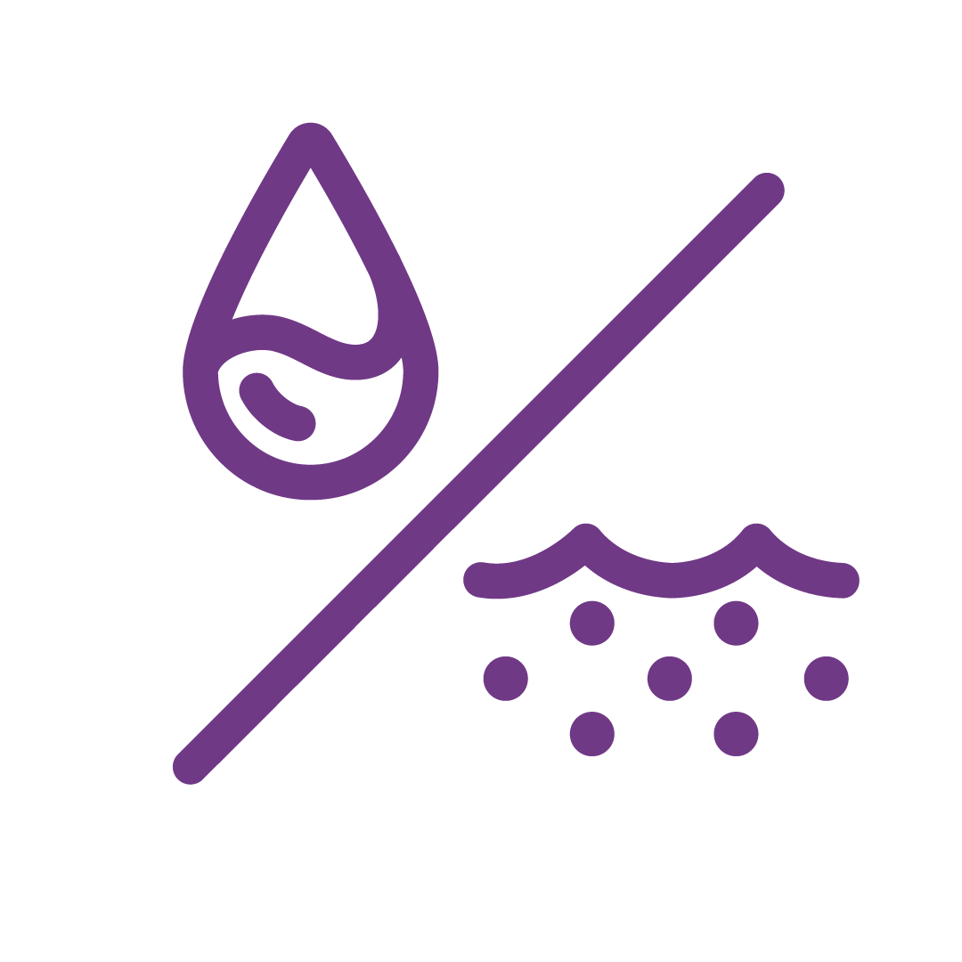 A purple icon shows a water drop on the left and stylized waves with bubbles on the right, separated by a diagonal line.
