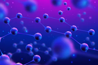 Nano technology Molecular structures are depicted with connected spheres in a vibrant purple and blue gradient background, symbolizing a scientific and technological theme.