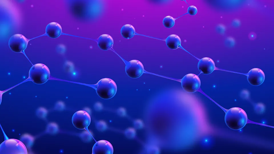 Nano technology Molecular structures are depicted with connected spheres in a vibrant purple and blue gradient background, symbolizing a scientific and technological theme.