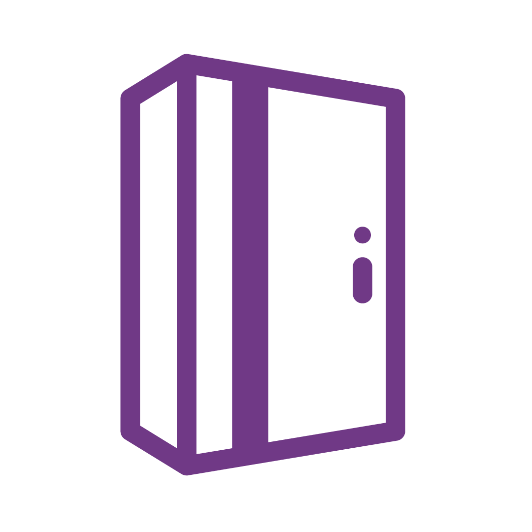 The image displays a minimalist, purple icon of a closed door set against a white background, emphasizing its clean lines and simple design.