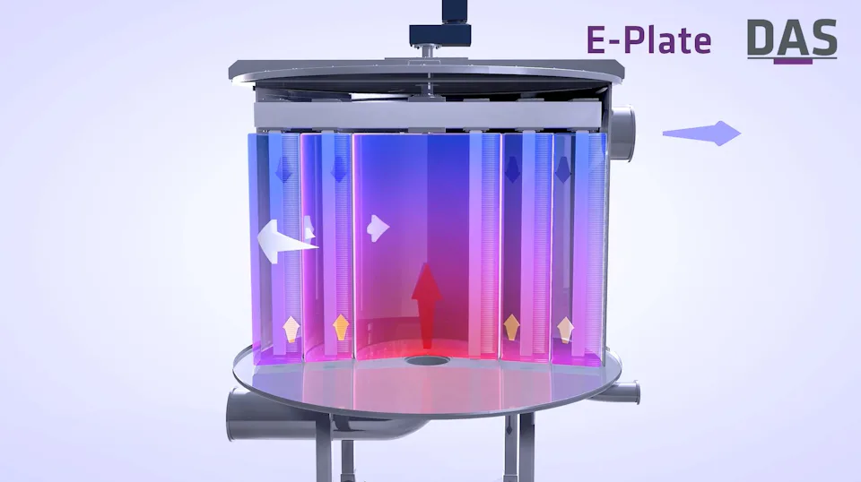 Thumbnail E-PLATE Heat Exchanger Animation A cylindrical metal apparatus with a transparent body displays colorful internal gradients of purple and blue, arrows indicating directional flow, and is labeled "E-Plate DAS" in the upper right corner.