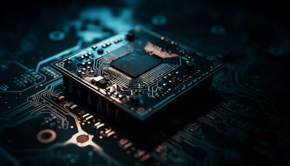 Computer Chip on dark background A close-up view of a computer microchip featuring intricate circuitry, set against a dark, blurred background, highlighting its complex technology and design in low lighting conditions.