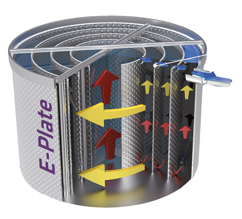 The image depicts an E-PLATE Heat Exchanger by DAS EE, showcasing a cylindrical design with a detailed internal view of multiple metal plates featuring colorful directional arrows indicating the flow of fluids for efficient heat transfer.