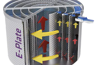 E-PLATE Heat Exchanger by DAS EE The image depicts an E-PLATE Heat Exchanger by DAS EE, showcasing a cylindrical design with a detailed internal view of multiple metal plates featuring colorful directional arrows indicating the flow of fluids for efficient heat transfer.