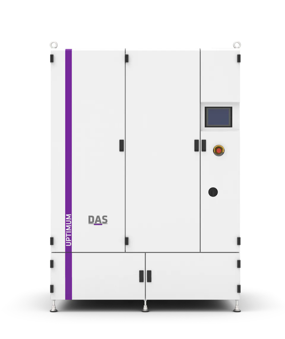 A modern white device named UPTIMUM with a digital display and several buttons, labeled as a product of DAS Environmental Experts.