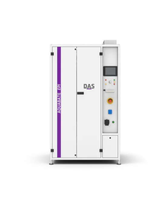 AUQABATE closed The image shows an industrial machine labelled ‘AQUABATE EPI’, which is a modern exhaust gas scrubber for air purification, complete with several control buttons and a clear control panel.