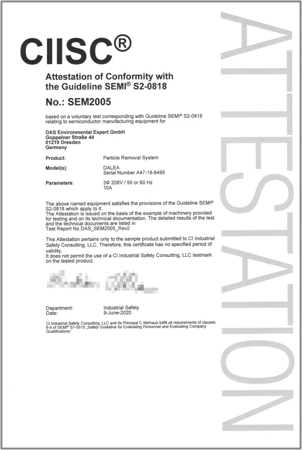 Certificate of conformity issued by CIISC, confirming compliance with Guideline SEMI S2-0818 for particle removal systems with details on date, number, and involved entities.