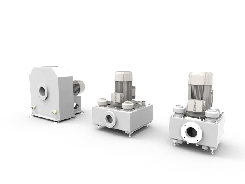 RDC Series_MINI_MICRO Three small industrial machines in different designs side by side, each with a round inlet at the front