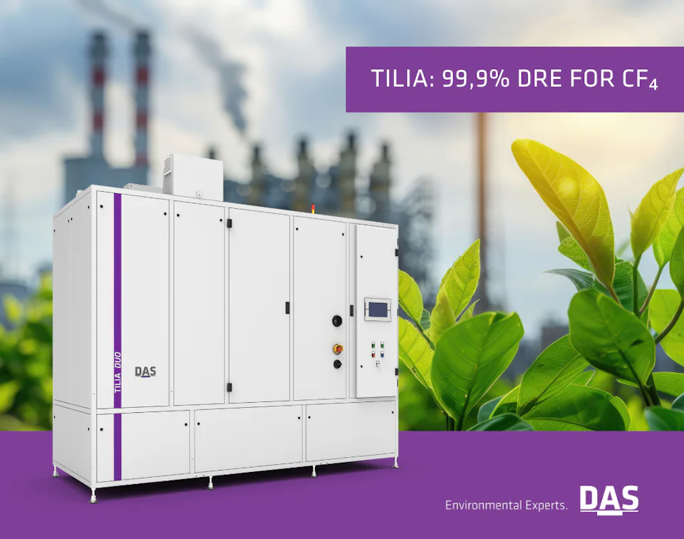 TILIA Abatement Exeeds 99.9 % DRE for CF4 Industrial gas abatement unit with a sleek white and purple design is shown in front of a blurred background of a factory with chimneys, accompanied by vibrant green leaves and the text "TILIA: 99.9% DRE for CF₄," highlighting environmental focus by DAS.