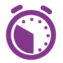 A purple alarm clock icon with simplified design, featuring two bells on top and a pie chart style within the clock face indicating time passage.
