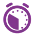 Flxible work time A purple alarm clock icon with simplified design, featuring two bells on top and a pie chart style within the clock face indicating time passage.