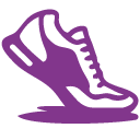 A stylized purple outline of a sneaker, depicting modern athletic footwear, with emphasis on the sole and lace details.