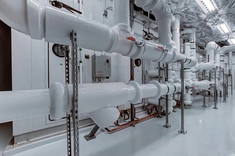 A modern industrial piping system with shiny white pipes and metal brackets runs through a room with grey flooring.