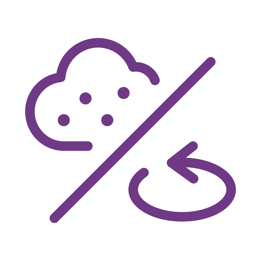 Graphic representation (purple icon) showing a cloud with dust particles on the upper left side and a rotating arrow on the lower right side, separated by a diagonal line.