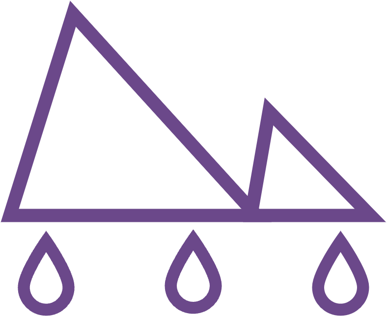 A purple triangular shape with three purple raindrop shapes beneath it, set against a transparent background, resembling a stylized logo design.
