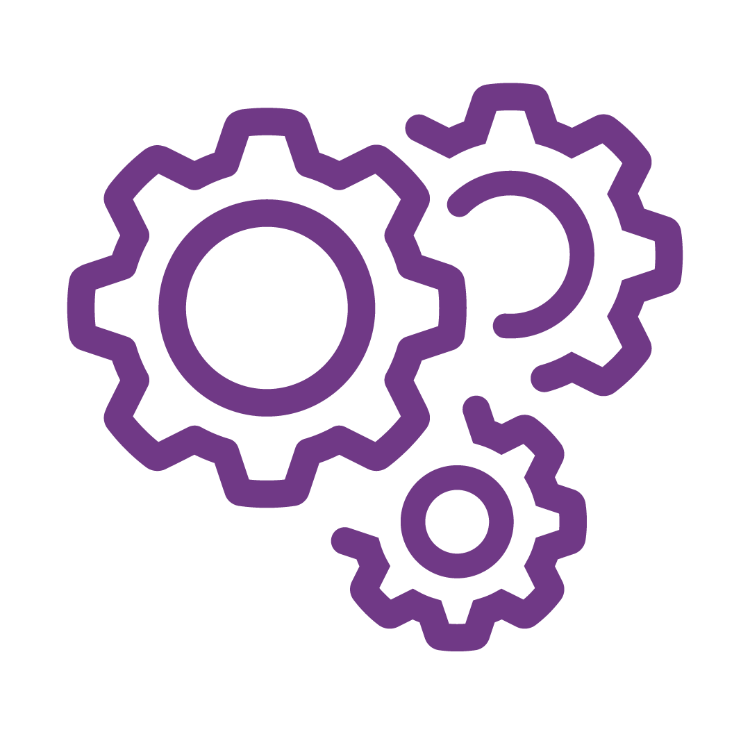 Three interlocking purple gears of varying sizes are arranged against a plain background, symbolizing teamwork and mechanical efficiency.