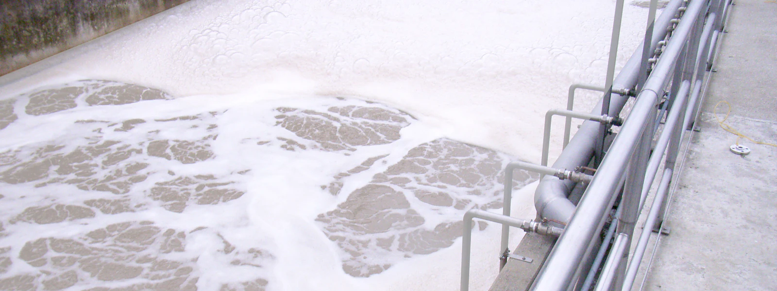 Reference Paper Industry Aerial view of an industrial wastewater treatment facility with a rectangular layout, showcasing large tanks filled with sediment in varying shades of brown, surrounded by pipes and machinery, set against a backdrop of trees.