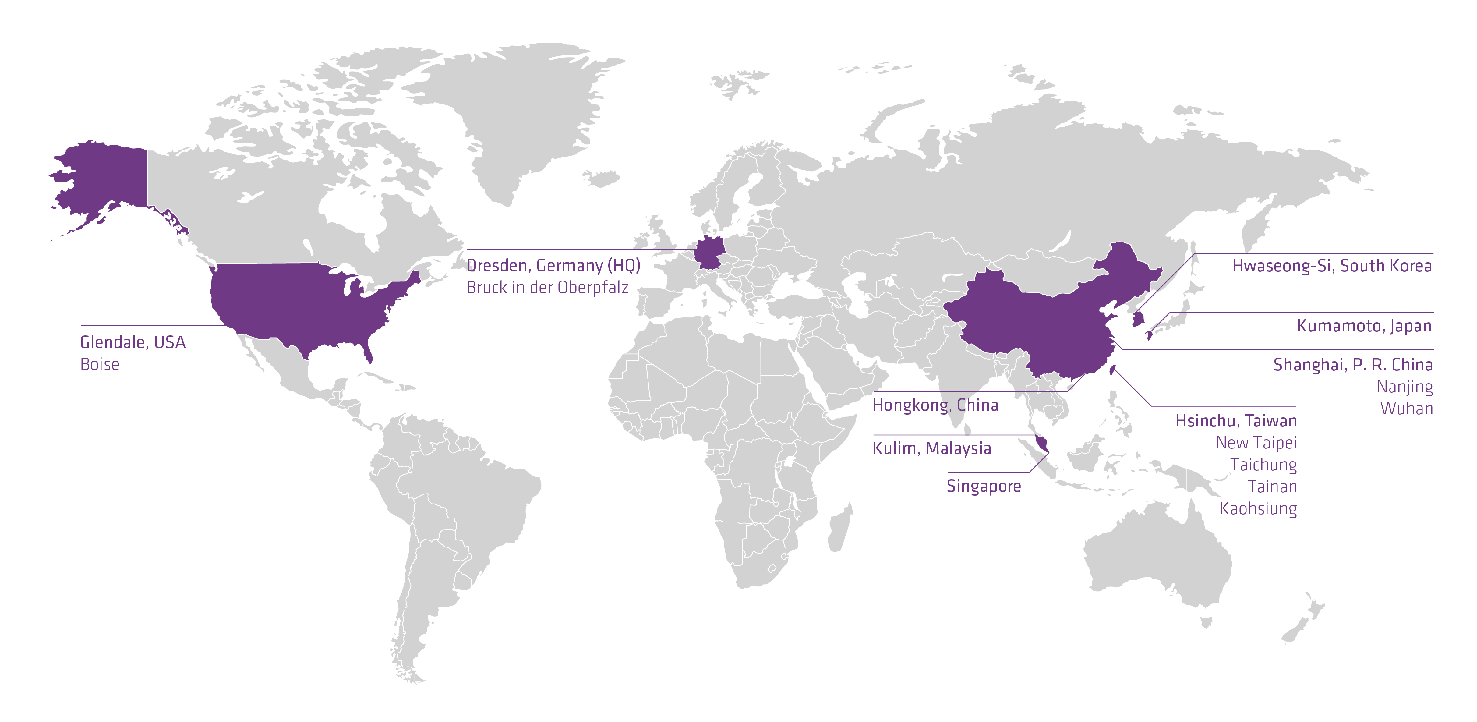 A world map highlights several countries with purple shading, including the United States, China, Japan, Singapore, South Korea, and parts of Europe, indicating specific regional service locations.