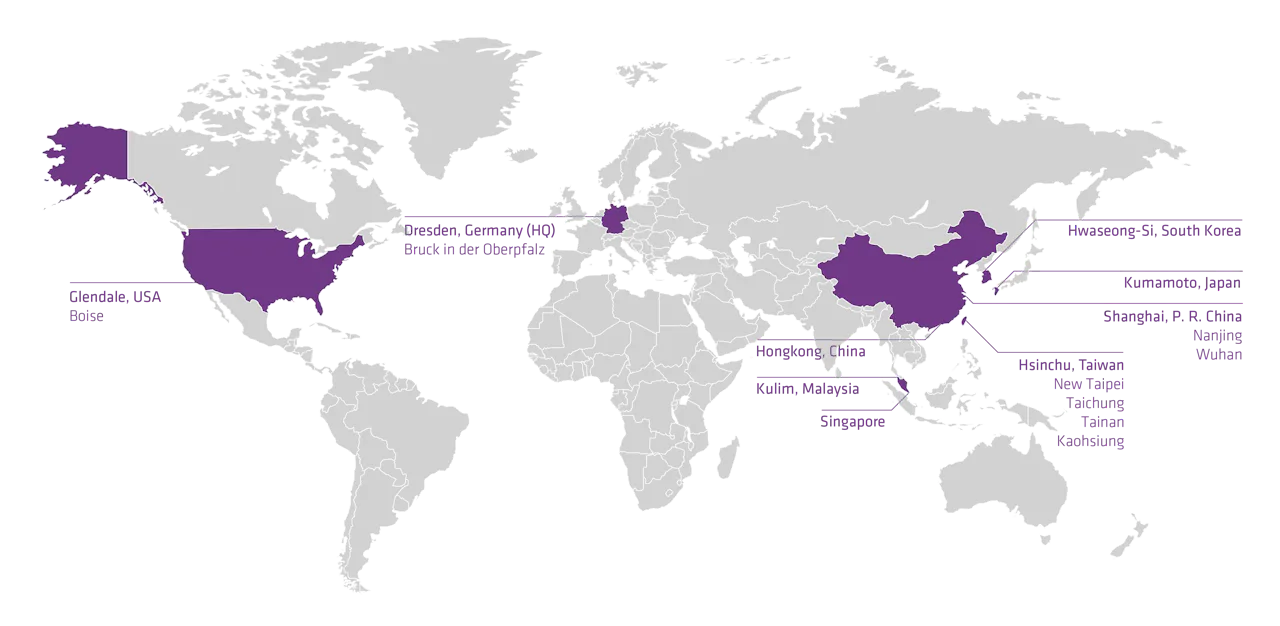 DAS Service Locations Worldwide A world map highlights several countries with purple shading, including the United States, China, Japan, Singapore, South Korea, and parts of Europe, indicating specific regional service locations.