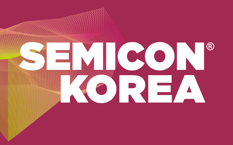 Vibrant digital artwork with geometric wave patterns in yellow and pink hues frames the bold, white 'SEMICON KOREA' text against a rich magenta background.