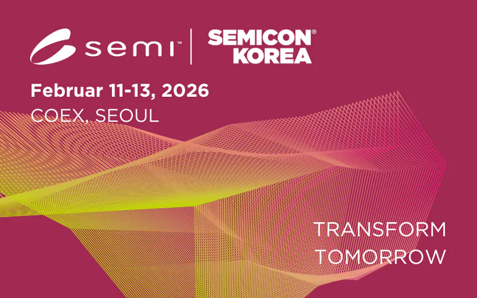 SEMICON Korea A promotional graphic for SEMICON Korea 2026 with the event details "February 11-13, 2026, COEX, Seoul" in white text on a dark pink background, featuring dynamic, colorful wave patterns and the tagline "Transform Tomorrow.