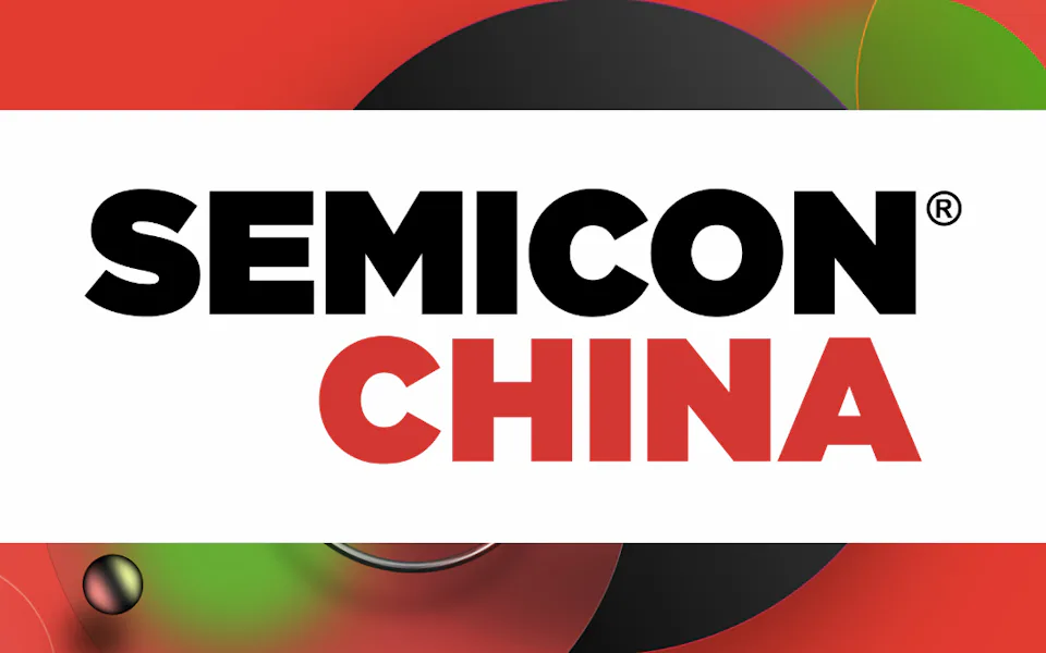 Logo SEMICON China The image features the bold and prominent "SEMICON CHINA" logo on a vibrant red and white background, highlighting the theme of semiconductor technology in China.