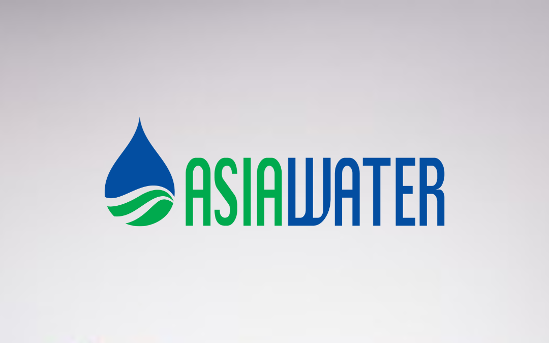 The image features the logo of "Asia Water," with a stylized blue water droplet containing green waves, positioned alongside the brand name in green and blue text against a light gray gradient background.