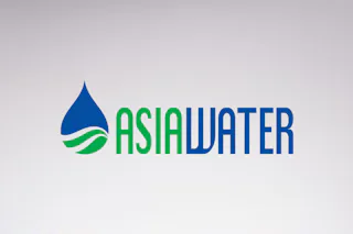 Logo ASIAWATER The image features the logo of "Asia Water," with a stylized blue water droplet containing green waves, positioned alongside the brand name in green and blue text against a light gray gradient background.